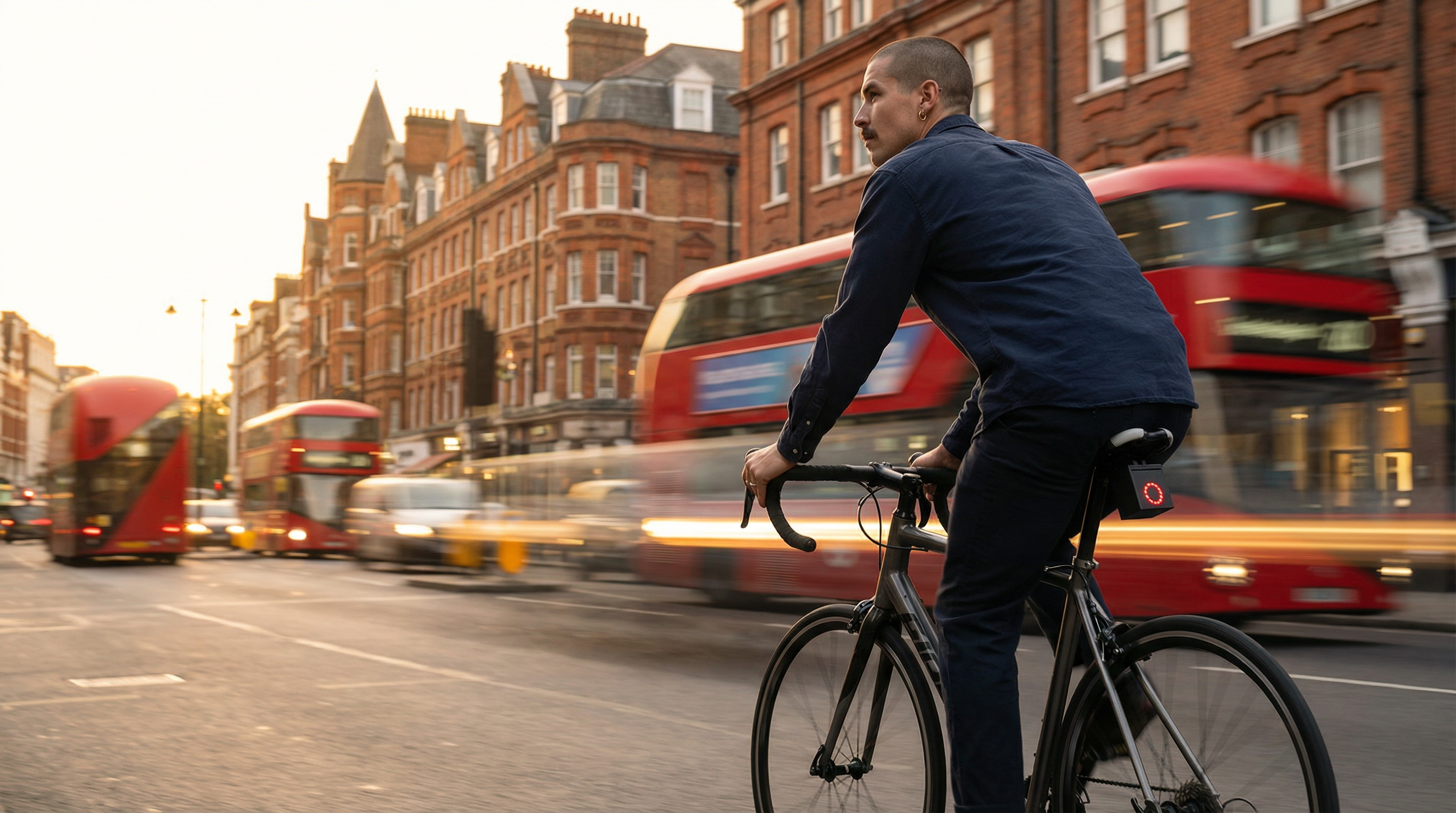 Cyclist with Saddle Sense air quality sensor commuting through London
